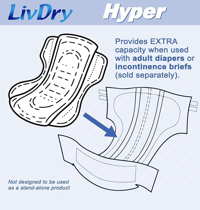 LivDry High Absorbency Pad Insert for Incontinence Briefs and Adult Diapers, Women and Men, Hyper 1200 (30 Count)