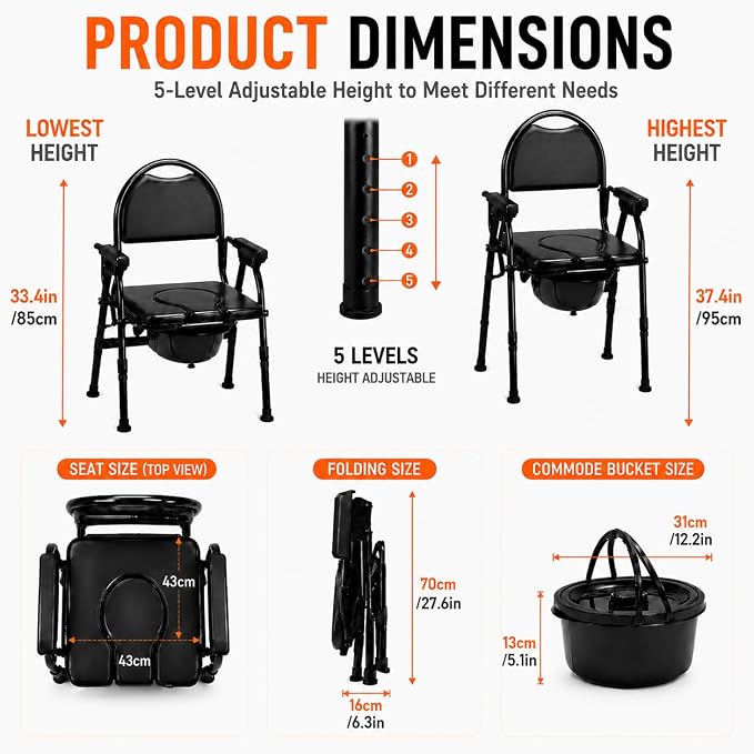 4-in-1 Folding Bedside Commode Chair with Seat Cover, Tool-Free Assembly Portable Toilet for Adults, Adjustable Height Bedside Commode for Seniors with Handles, 330lbs Support (Black)