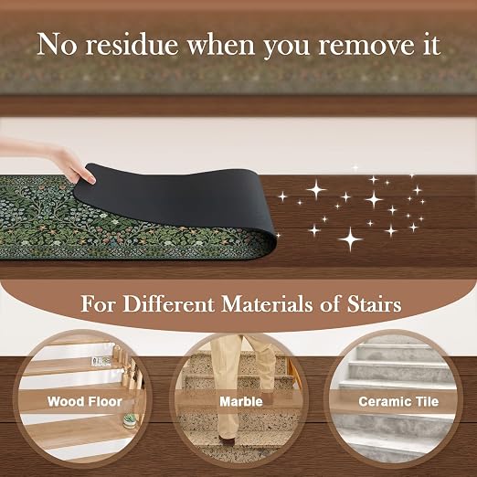 OJIA Stair Treads Non-Slip Stair Runners for Wooden Steps Indoor 4PC 30"x8" | Floral Carpet Stair Treads Stair Mats Staircase Step Treads for Kids, Elders and Dogs, Stair Covers, Green