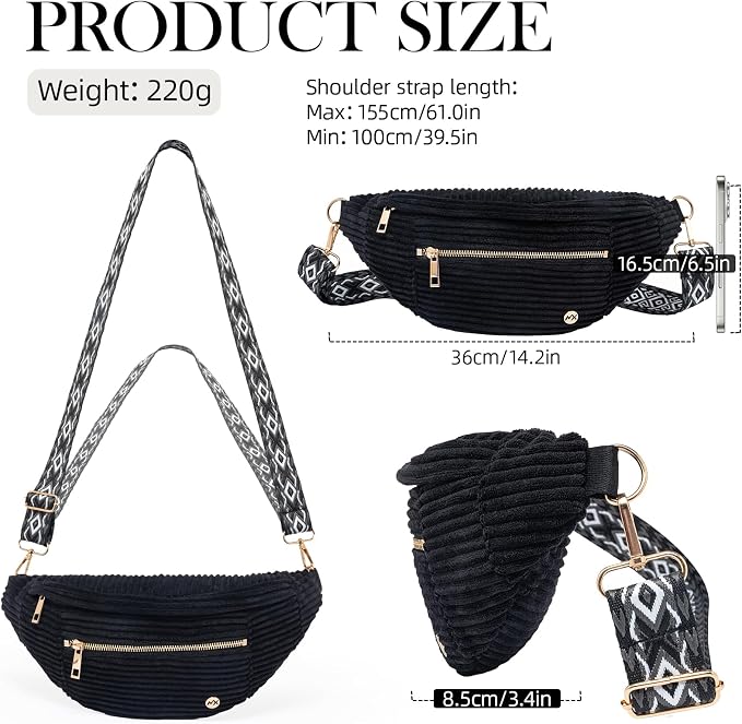 Black Crossbody Bag Corduroy Fanny Pack Vintage Sling Bag with Gold Zipper | Geometric Wide Strap,Versatile,4-Zipper Pockets,Ideal for for Travel Casual Outdoors Shopping