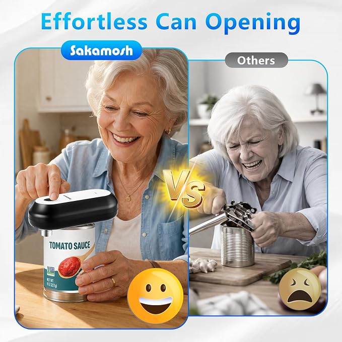 SAKAMOSH One-Touch Auto Stop Electric Can Opener | Smooth Safe Edges, Cordless Rechargeable, One-touch Auto Stop, Compatible with Most Can Sizes, Great for Seniors, Arthritis