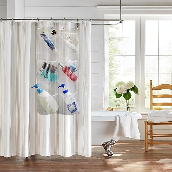 Quick Dry Mesh Pockets Fabric Bathm Hanging Mesh Pockets Shower Organizer,Shower Hanging Mesh Organizer Quick Dry Storage Bathroom Accessories with 6-Pocket, 4 Hooks