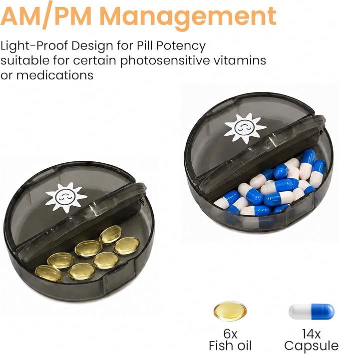 Weekly Pill Organizer 2 Times a Day, Travel Pill Case Organizers 7 Day, AM PM Pill Box for Purse, Pocket, Compact Portable Pill Container for Medication, Vitamin, Fish Oil, Supplement (Black)