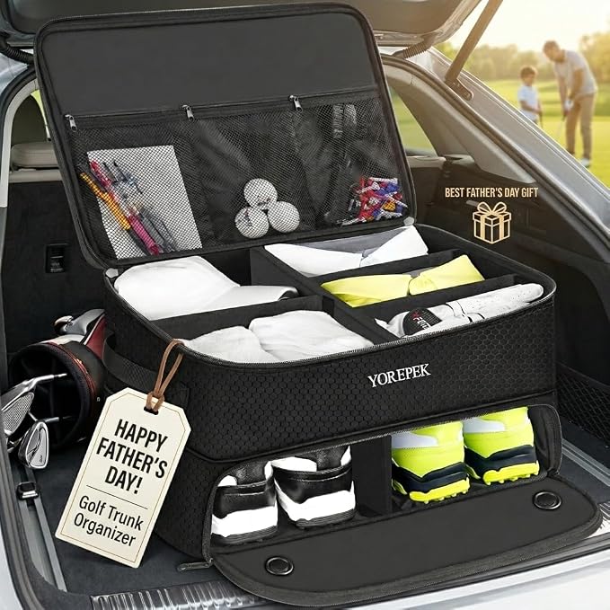 YOREPEK 2 Layer Golf Trunk Organizer, Golf Gifts for Men with Separate Ventilated Compartment for 2 Pair Shoes, Waterproof Car Trunk Locker for Balls, Tees, Clothes, Gloves, Gifts for Golfers