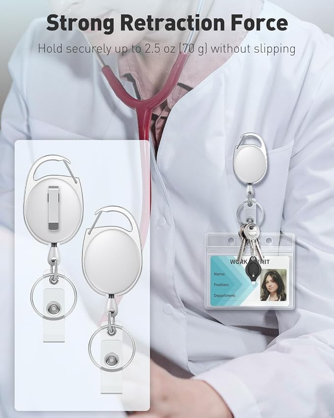 Uniclife 2 Pcs Retractable Badge Reel Keychain Clip for Badge Holder White | Heavy Duty, ID Card Badge Extender, White Gift for Her, Retractable Cord Reel Clip, with Carabiner Belt Clip and Key Ring