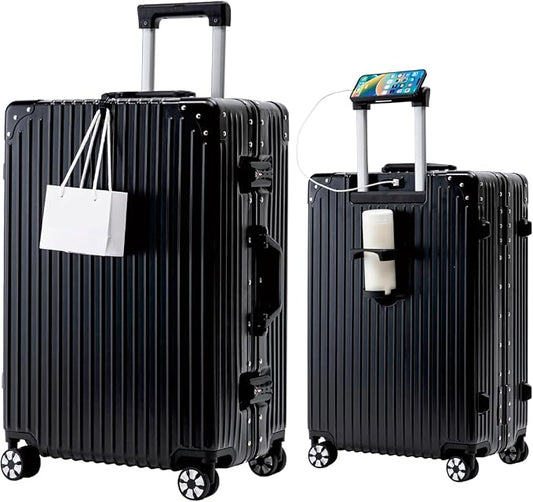 22-Inch Aluminum Frame Hardside Checked Luggage, Black | Zipperless PC suitcase, short trip essentials, dual TSA locks, cup holder, USB port, phone stand, bag hook, spinner wheels