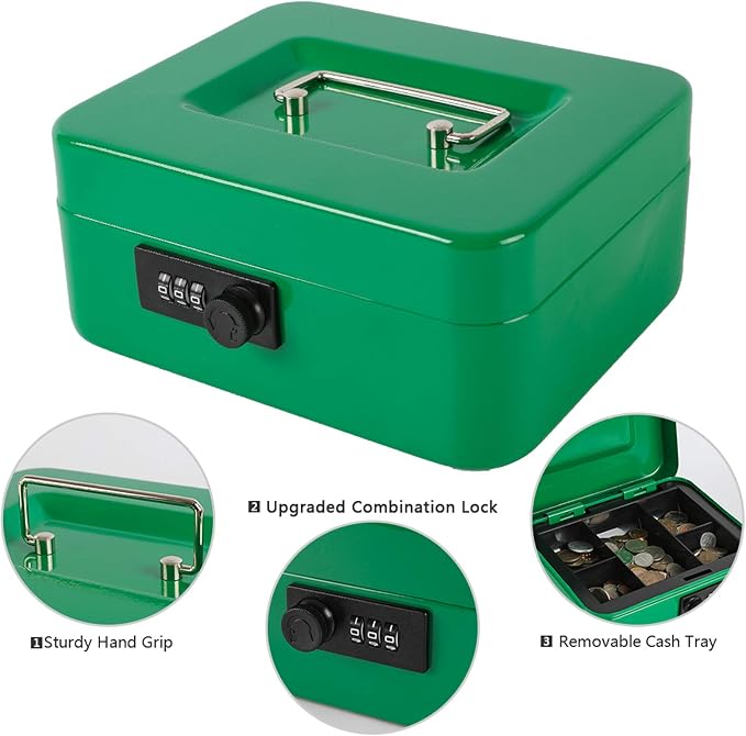 xydled Cash Box with Money Tray,Locking Cash Box with Combination Lock,Money Box with Removable Coin Tray,Medium,9.84 inchx 7.87 inchx 3.54 inch,Green
