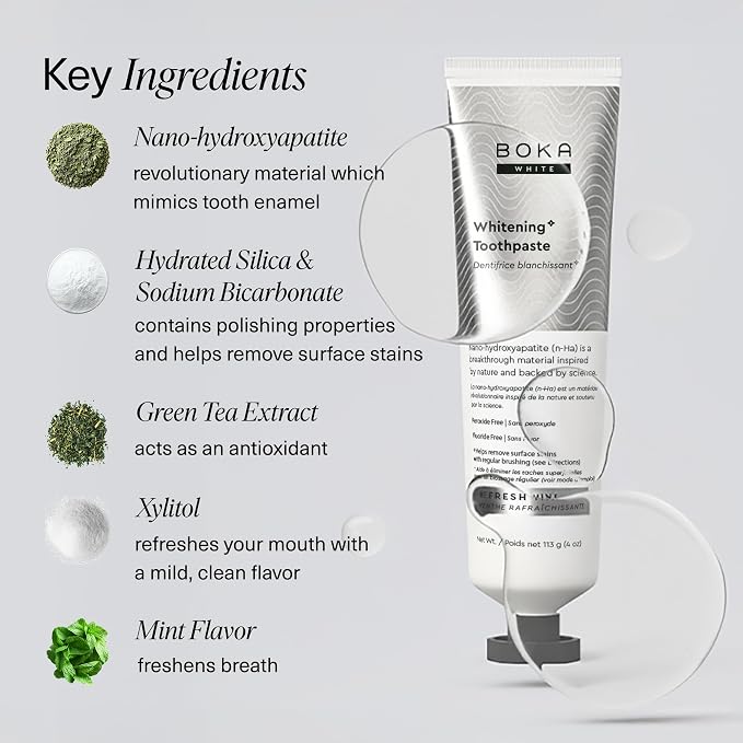Boka Fluoride Free Toothpaste, Nano Hydroxyapatite Toothpaste, Appropriate for Sensitive Teeth, for Adult, Kids Oral Care - Whitening* Refresh Mint, 4 Fl Oz 1Pk