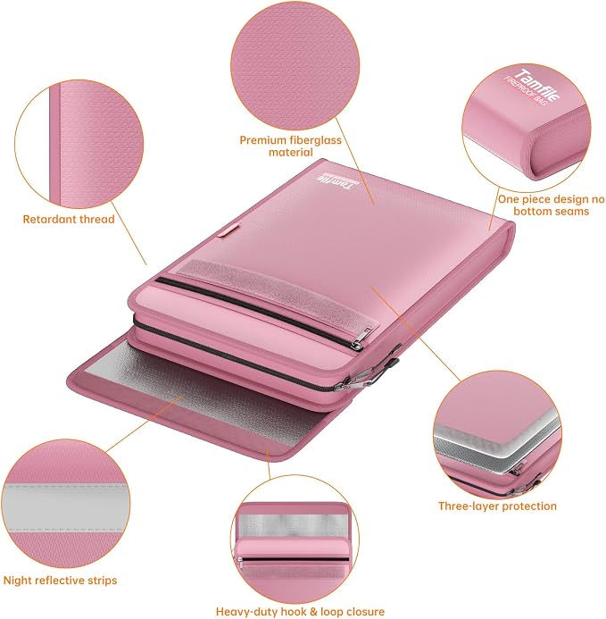 6400℉ Fireproof Document Bag, 15”x 11” Waterproof Document Organizer, Pink | Fireproof Money Bag, 2 Pockets,Safe Important Document Organizer for A4 A5 Legal Letter Size, Valuables, Legal Documents