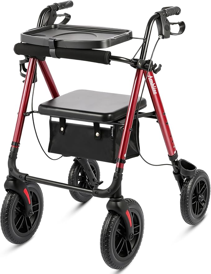 Foldable Rollator Walker for Seniors with Seat,4 Wheel Rolling Walkers | 300lbs walker with tray for Adults & Mobility Impaired|8" Airless Tires|Anti-tip brakes|Adjustable height|Tool-Free Assembly