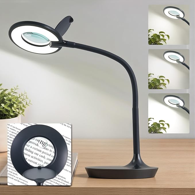 3X+6X Magnifying Glass with Light and Stand, Dimmable LED Magnifying Lamp | Flexible Gooseneck, Hands Free Magnifier, Magnification Lamp for Elderly Craft Hobby Painting Sewing Close Work,Weighted Base