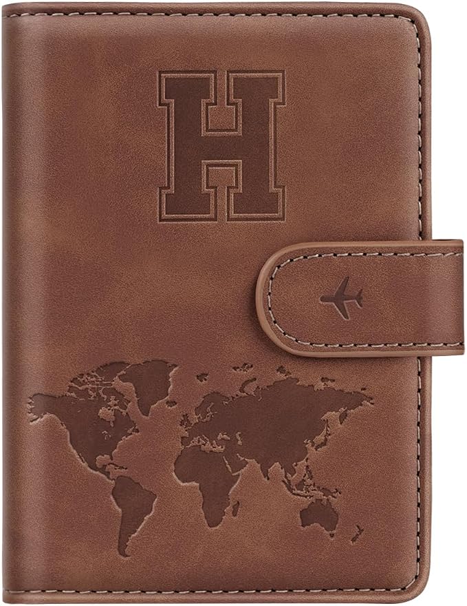 Passport Holder Wallet Cover Personalized Initial Travel Essentials | Embossed Letter A-Z Design, Travel Wallets, RFID Blocking, Passport Book Holders, Women Men, Personalized Gifts, Brown-H