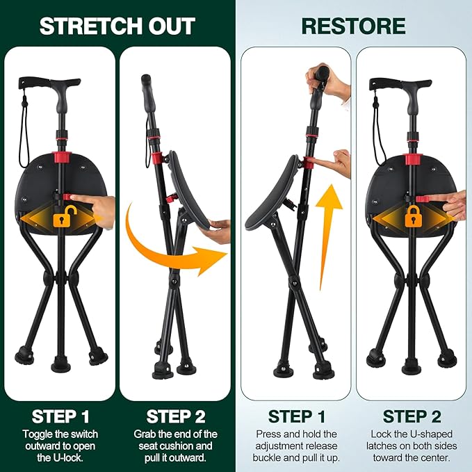 Walking Cane with Seat Holding 400lbs – Folding Lightweight Walking Cane Chair for Seniors, Adjustable Height 32"-36", Heavy-Duty 3-Legged Cane Stool for Men Women (Black)