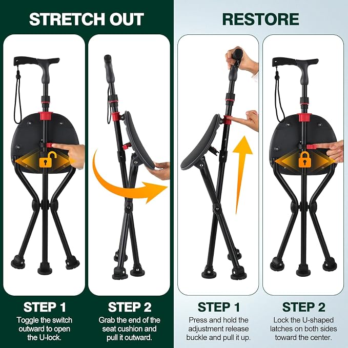 Walking Cane with Seat – Folding Lightweight Walking Cane Chair for Seniors, Adjustable Height 32"-36", Heavy-Duty 3-Legged Cane Stool for Men Women (Black)