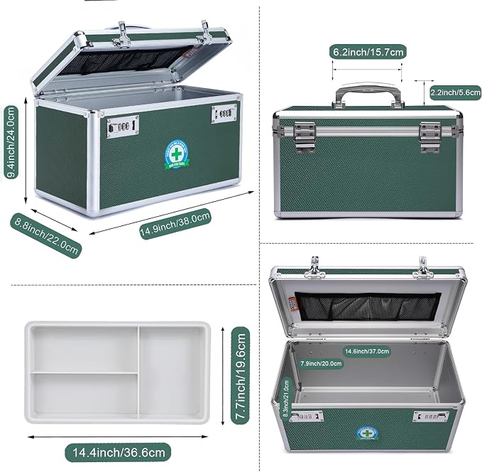 Large capacity Locking Box， Lockable Medication Box with Portable Storage Case, 15''x 8.7''x 9.3'', Childproof Medicine Lock Organizer, Locked Empty First Aid Storage Case (GREEN)