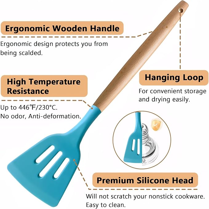 Silicone Kitchen Cooking Utensils Set, 5-Piece Non-Stick Silicone Kitchen Utensils Spatula Serving Spoons Turner Ladle Set w Wooden Handle Heat Resistant Cooking Gadgets for Nonstick Cookware