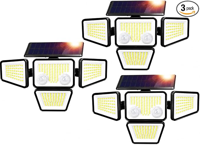 Motion Sensor Outdoor Solar Lights, Security Flood Lights 4-Head, 3 Pack | 5000LM, IP65 Waterproof, 279 LEDs, Dual Sensors, 270°Wide-Angle, 4 Modes, Remote Control, Yard, Garage, Fence, Patio