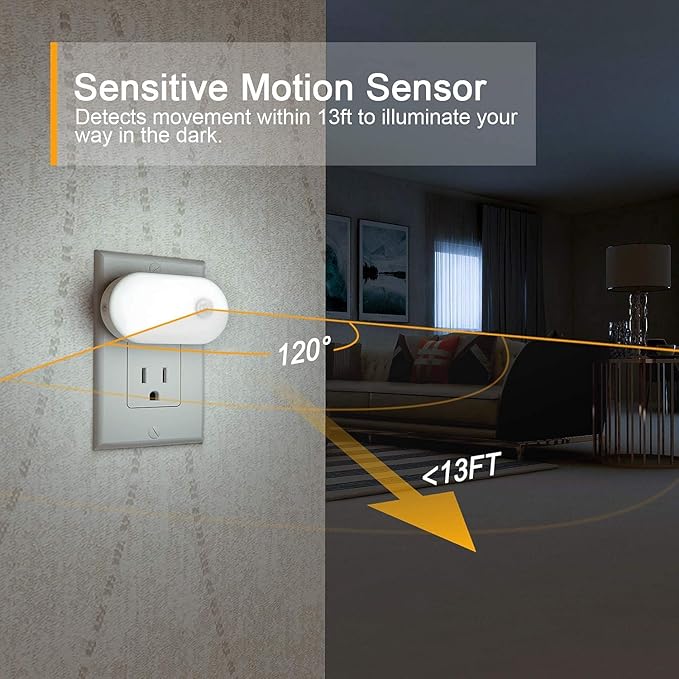 Lyridz 120LM Ultra Bright Plug-in Motion Sensor Night Light, Stepless Dimmable LED Nightlight, Always-On and Auto-Off, for Hallway, Stairs, Bathroom, Bedroom, Garage, Cool White (4-Pack)