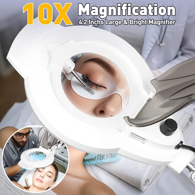 10X Magnifying Glass with Light and Stand, NUEYiO 2200 Lumen Stepless Dimmable Magnifying Floor Lamp, 2-in-1 Adjustable Metal Swing Arm Lighted Magnifier, Mag Lamp for Estheticians Crafts Facial