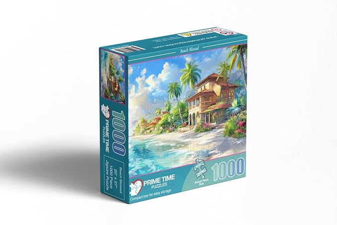 Adult Jigsaw Puzzle 1000 Piece Beach House | Features a tropical beachhouse scene with ocean waves and flowers. Great for game nights on a table, puzzleboard, or floor.