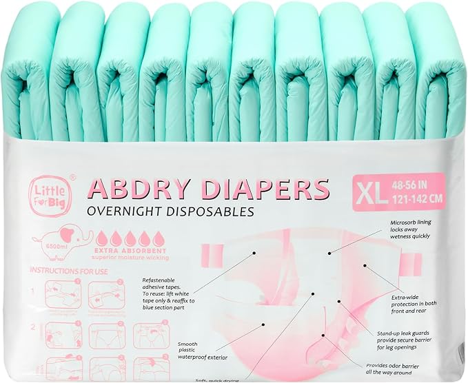 Littleforbig Adjustable Tapes Adult Diaper 10 Pieces - ABDry Ultra Absorbent Diapers 6500 mL Green (X-Large 48"-56")