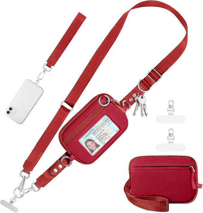 Tiostep Clip and Go Strap for Phone with Wallet Crossbody Phone Lanyard Adjustable and Detachable RFID Wristlet Wallet (Red, Medium)