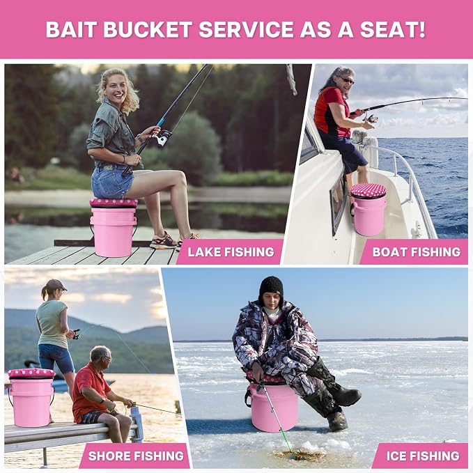 5 Gallon Bucket Seat with Swivel Lid, Padded Top for Cozy Sitting, Outdoor Fishing, Hunting, Gardening, Baseball Training, Pink