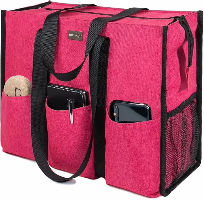 TOPDesign Utility Water Resistant Tote Bag with 13 Pockets, Top Zipper Closure & Thick Bottom Support, for Working Women