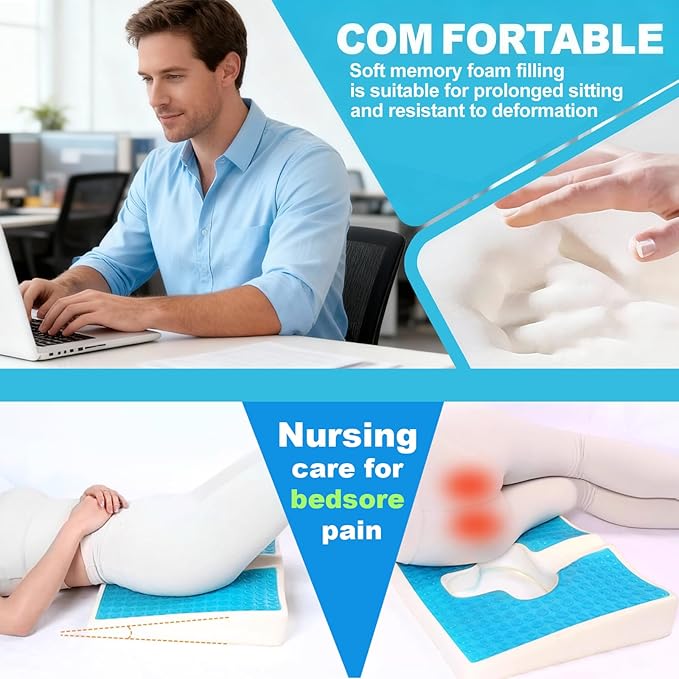 Gel Memory Foam Wheelchair Seat Cushion,Bed Sore Cushions for Butt,Butt Pillow for Pressure Sore&Ulcer Pain,Sciatica &Coccyx Pain Relief,Hemorrhoid Pillow for Chairs,Washable-Cover(Blue)