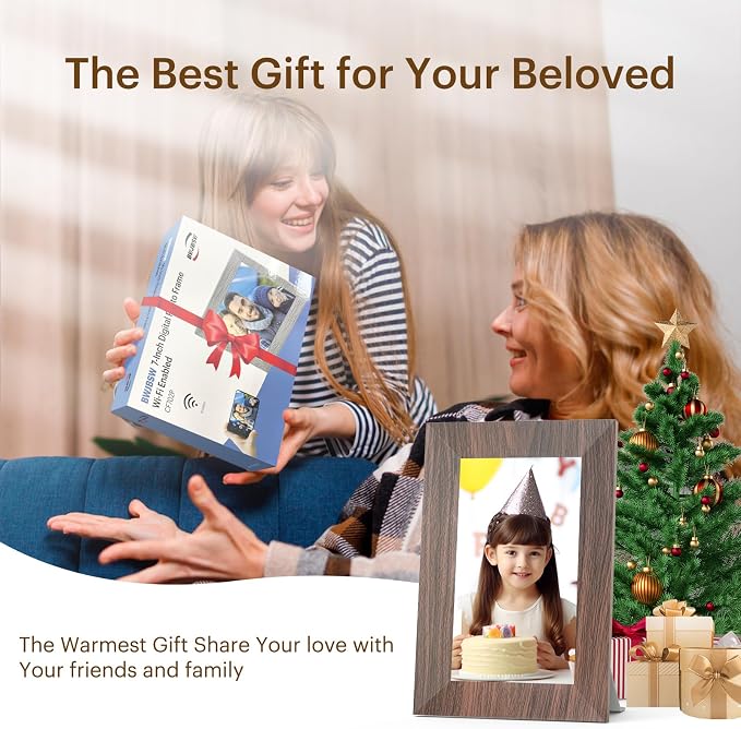 7” Digital Picture Frame with 32GB Storage, WiFi Digital Photo Frame 1024x600 HD IPS Touchscreen, Easy Setup for Photo & Video Sharing via Free App, Light Brown Wood Grain