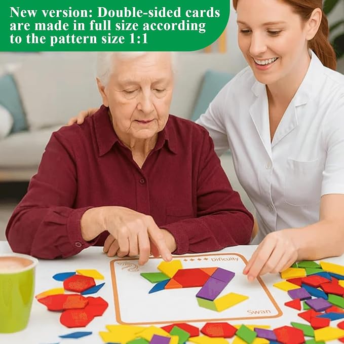 Activities for Dementia Patients 155 Pcs Wooden Tangrams Puzzle for Seniors with Alzheimer's Memory Board for Dementia Elderly Tile Memory Cognitive Gift Dementia Must Haves