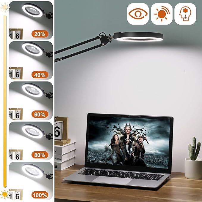 VEEMAGNI 5 Inch Large Magnifying Glass with Light and Stand, 5 Color Modes Stepless Dimmable, 2*16 Inch Swivel Arm LED Clamp Desk Lamp, Hands Free 12X Lighted Magnifier for Close Work Crafts Soldering
