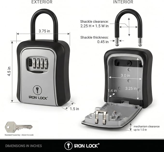 Iron Lock® Medium Key Lock Box with Code, U-Shackle Opens Fully Out (Grey) | Built-in key hooks + catch tray; hangs on handles, gates, fences or a hasp; wall-mountable; dial cover; no batteries