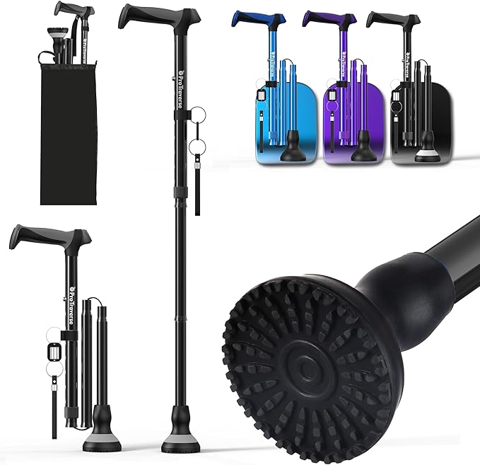 Walking Cane for Men & Women,Foldable,Adjustable,Self Standing Cane with Wrist Strap&Tag,350lbs Heavy Duty,All Terrain,Collapsible Walking Sticks for Seniors & Adults,Black