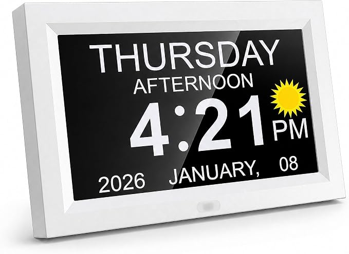 JALL 7" Digital Calendar Day Clock for Seniors 2026, Non-Abbreviated with Day & Date, Easy-to-Read Alzheimer's Dementia Clock for Elderly, Auto-Dimming, 8 Custom Alarms, Auto DST, White