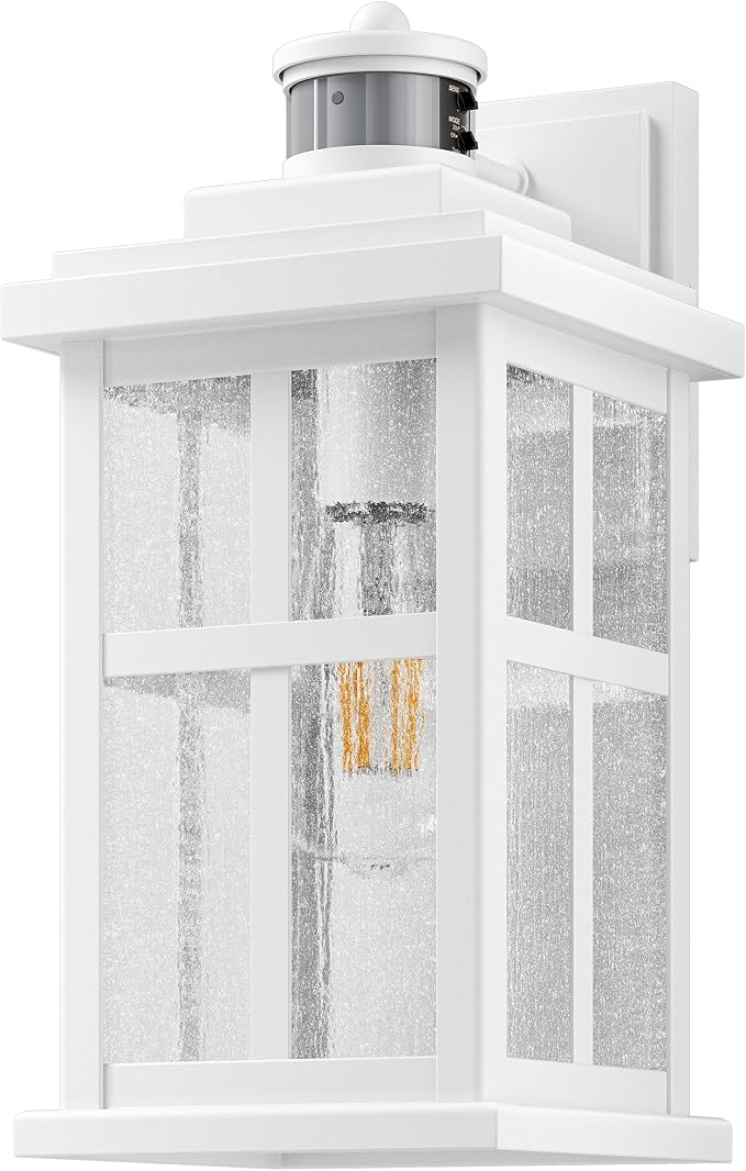 VIANIS Large White Outdoor Lights for House, Modern Exterior Light Fixtures | Outdoor Motion Sensor Light Wall Mount, 100% Aluminum Waterproof Outdoor Wall Sconce Lantern for Garage, Textured Seed Glass