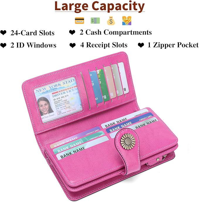 SENDEFN Wallets for Women Leather Credit Card Holder with RFID Blocking Large Capacity Wristlet | with RFID Blocking