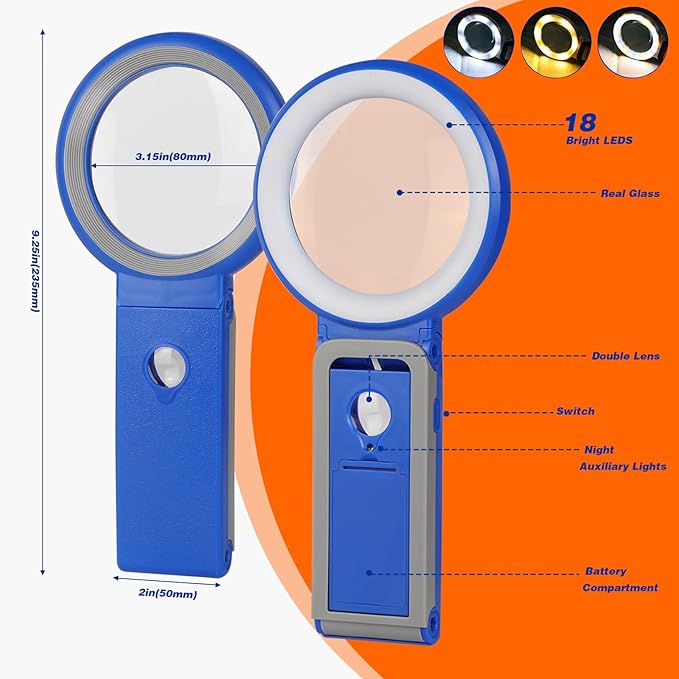 Magnifying Glass with Light and Stand, Foldable Handheld Magnifying Glass 18 LED Illuminated Lighted Magnifier for Macular Degeneration, Seniors Reading, Close Work, Coins, Jewelry Blue