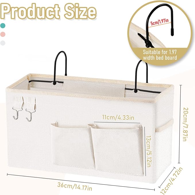 Bedside Caddy Organizer Hanging Storage Bag Bunk Bed White | Bed Caddy with Magazine Water Bottle Phone Holder for College Dorm and Hospital Beds