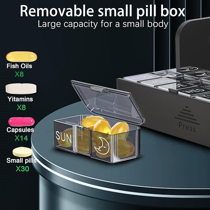 Pill Organizer, Weekly 2 Times a Day for 7 Day Leather Medicine Box Travel Container, Removable Am Pm Vitamin Case, Twice Daily Privacy Pill Holder, Portable Pillbox (Black and Green)