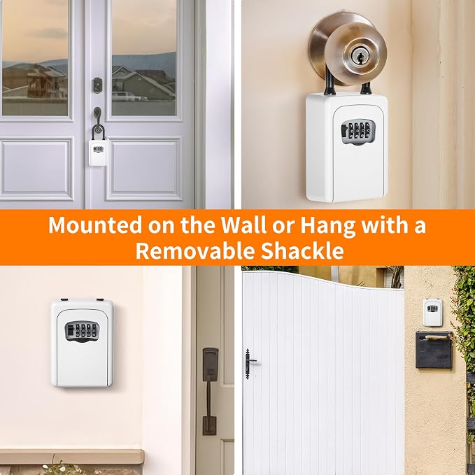 Portable Key Lock Box, Upgrade Clearly Visible Numbers, Lock Box Wall Mounted for House Key, 5 Key Capacity, Weatherproof Resettable Code (White, 1)