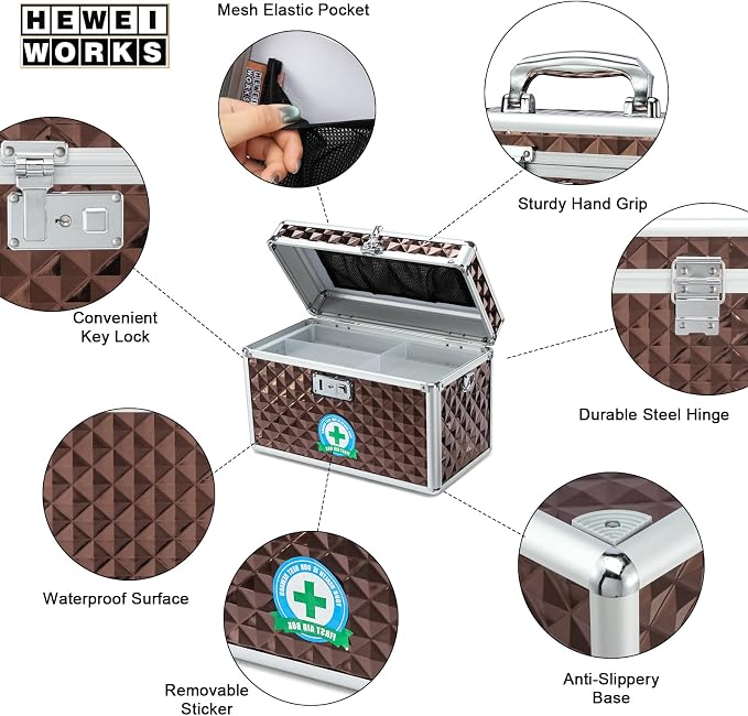 Storage Box with Key Lock, Lockable Medicine Storage Box, Empty First Aid Box, Security Lock Box, Multipurpose Locking Box for Home and Outdoor Use (Coffee, Large)