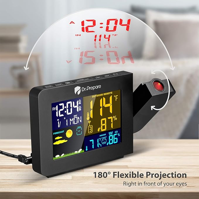 DR.PREPARE Projection Alarm Clock, Indoor Outdoor Temperature Display, Dual Alarms, Snooze, Weather Forecast, Digital Clock Projector for Bedroom