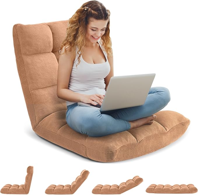 Folding Floor Gaming Chair 14-Poistion Cushioned Adjustable Floor Lazy Sofa Chair w/Breathable Cotton & Skin-Friendly Flannel for Adults & Kids Perfect for Reading Gaming Meditating, Camel