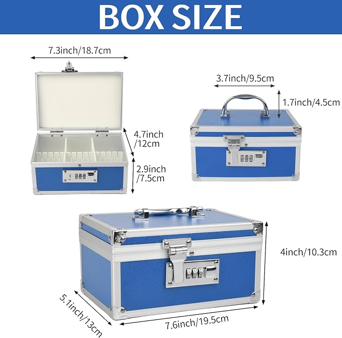 Medication Lock Box Aluminium Alloy Combination Lock for Home and Travel Medicine Lock Box,First Aid Safe Medication Storage Box,7.66''x 5.12''x 4.13'' (Blue)