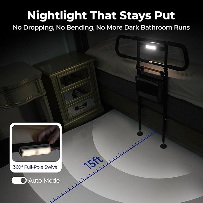 C5 Pro Bed Rails for Elderly Adults Safety - Foldable Bed Assist Rail with Adjustable Height, Bed Cane with Non-Slip Wider Handrail, Motion Sensor Light Fits King Queen Twin Beds