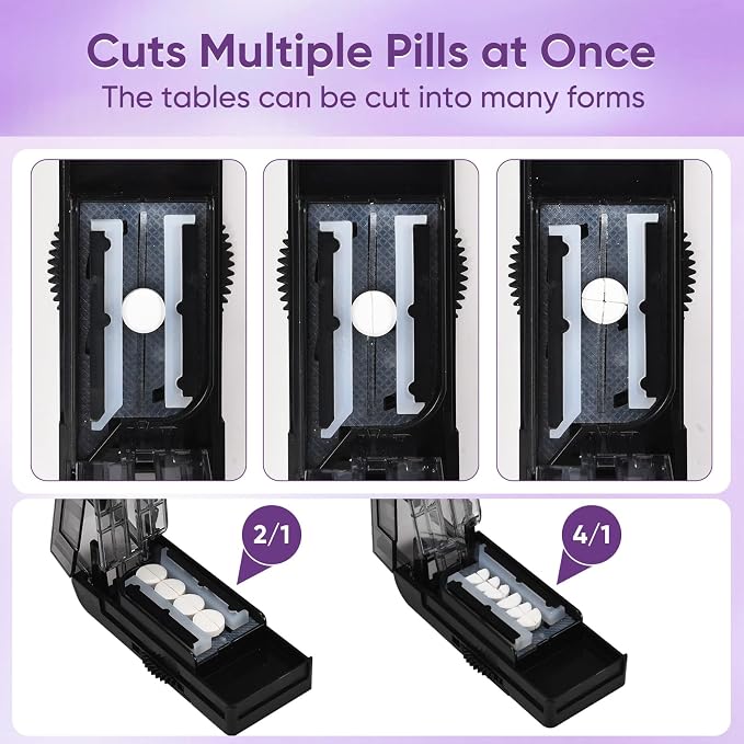Multiple Pill Cutter for Small or Large Pills, Adjustable Pill Splitter for Multi Tablets, Stainless Steel Cutting Blade and Blade Guard (Black)