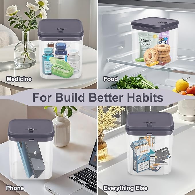 Lock Box for Medicine & Snacks - Childproof Storage Box with Combination Lock, Secure Organizer for Pills, Fridge Food, Phone, Vitamins | Portable Safe for Home, Office, Travel (5.5x5.5x6.3in)