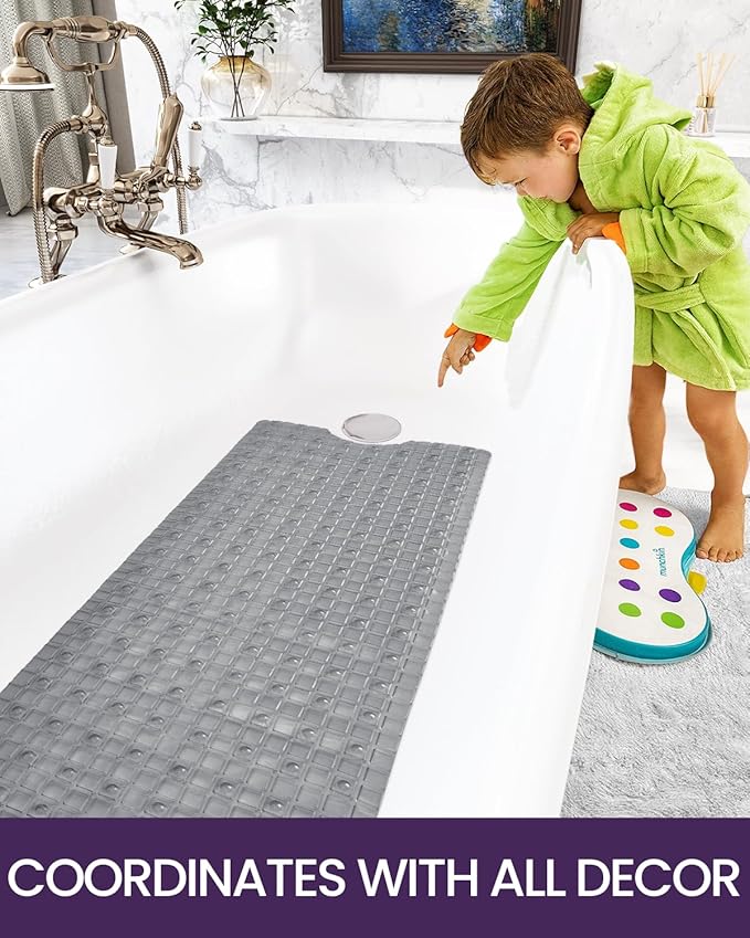 DEXI Bathtub Mat Non Slip, Extra Long 39x16, Suction Cups, Drain Holes, Machine Washable for Tub Shower Floor, Clear Grey