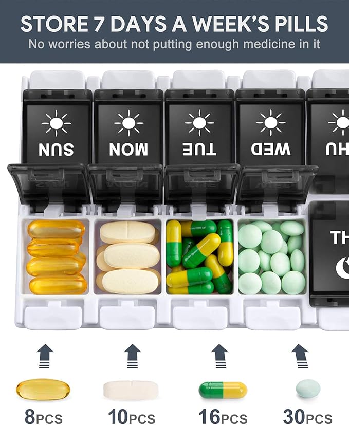 Pill Organizer 2 Times a Day Large Weekly Pills Case, Fullicon Pills Box Container Cases with Unique Push-Button Pop Open Design - Black